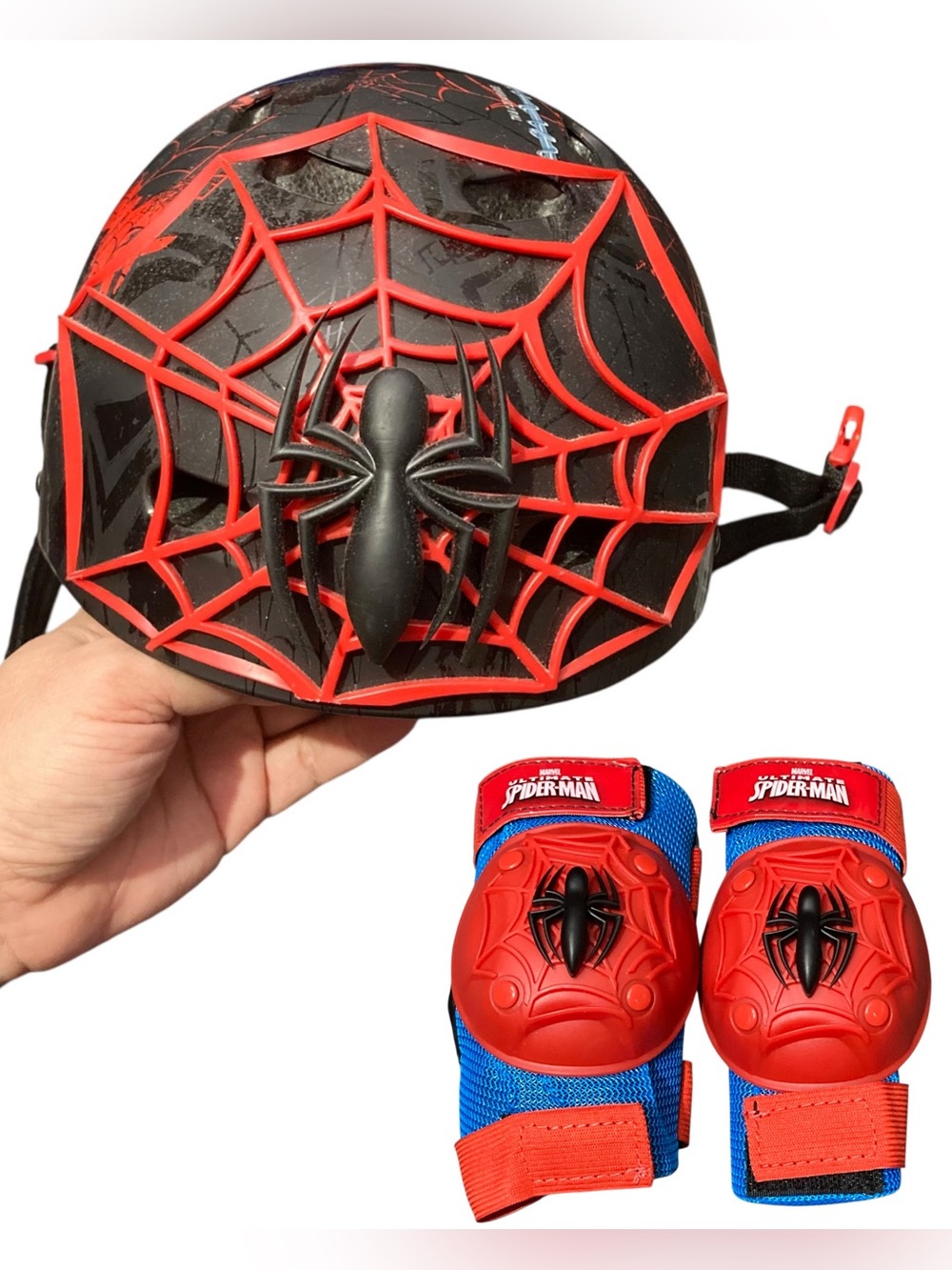 NEW Kids Spider-man 3d Sports Helmet & Knee Pads Biking Skateboarding - Ages 5-8